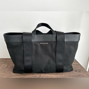 Michael Kors Black Canvas Duffel Tote with Leather Trim